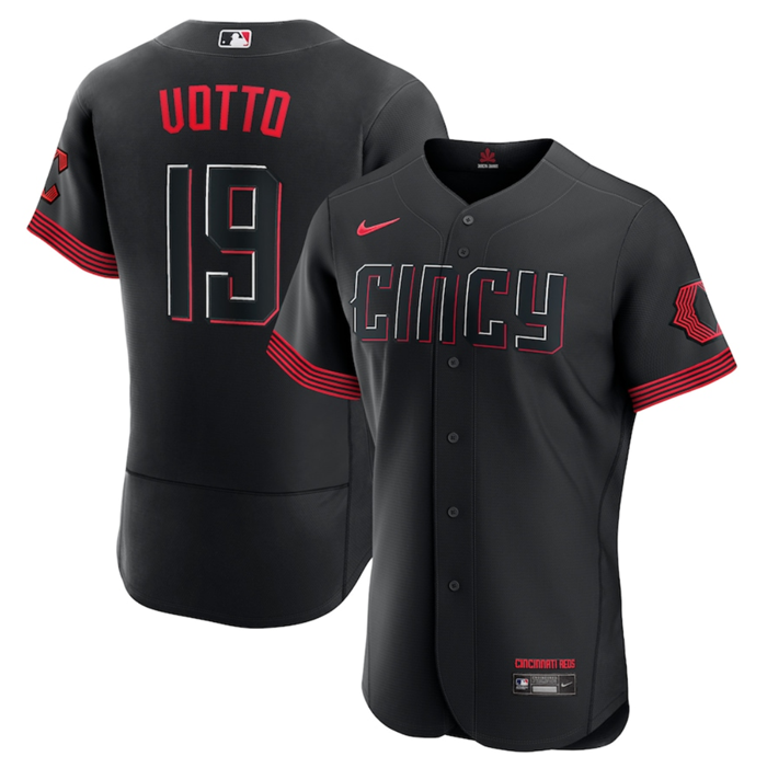 Men's Cincinnati Reds #19 Joey Votto Black 2023 City Connect Flex Base Stitched Jersey